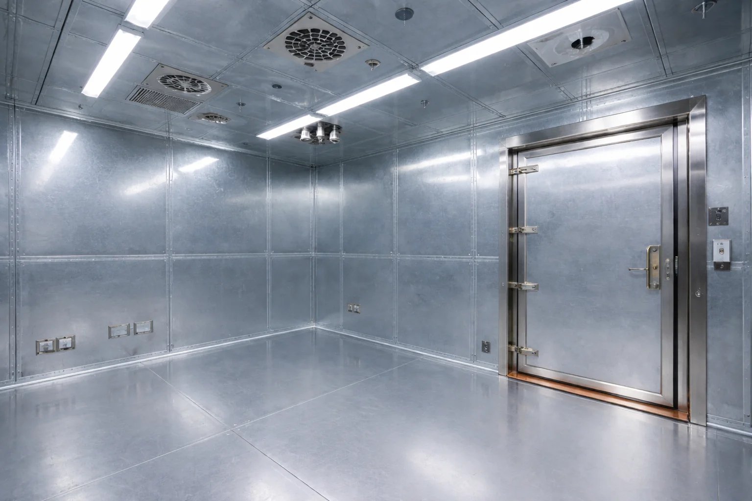 Metal-paneled shielded room with a heavy metal door